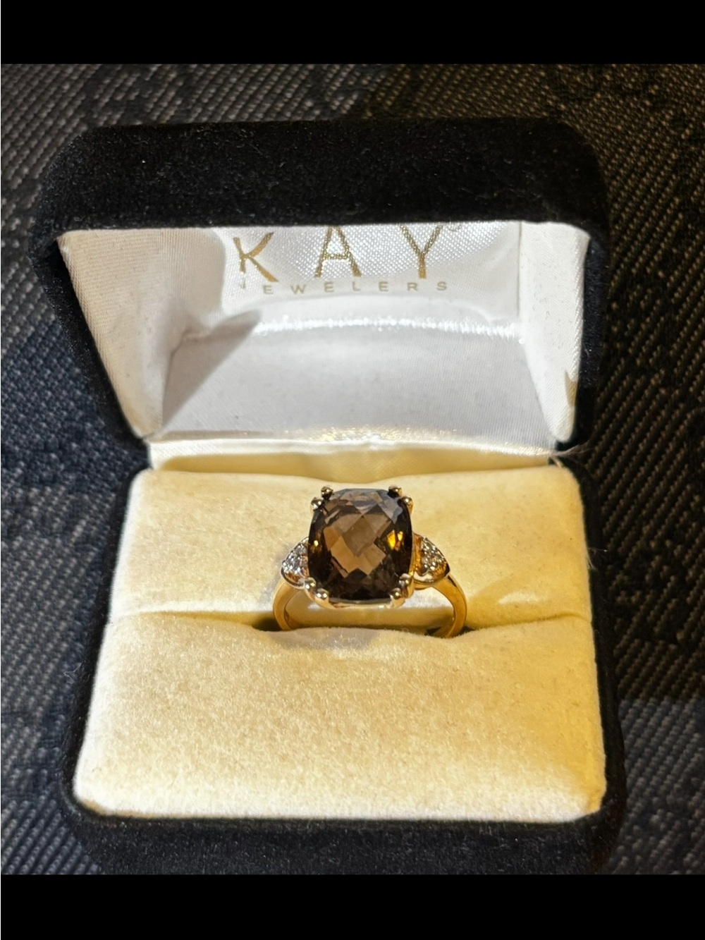 Kay Jewelers Gold Ring with Brown Smoky Quartz and White Diamond Accents